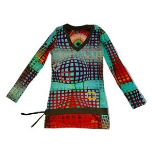 Desigual Colorful Geometric Pattern V-Neck Long Sleeve Shirt